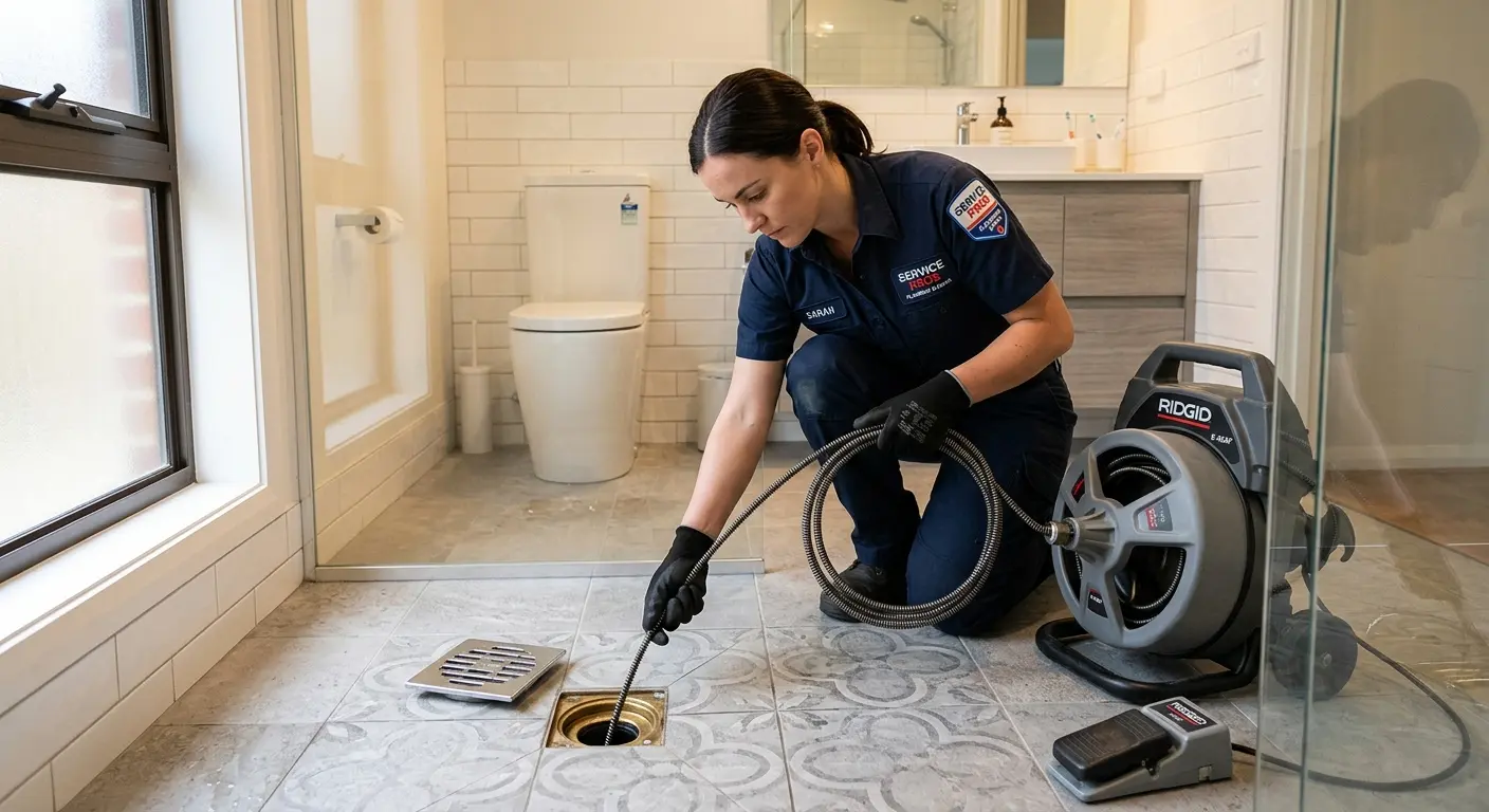 Technician clearing a bathroom floor drain for Sewer Line Replacement in Camp Hill